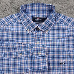 Vineyard Vines Performance Tucker Shirt Mens M Classic Fit Blue Nylon Spandex